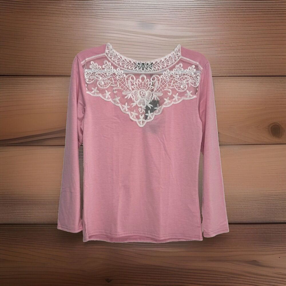 Women's Long Sleeve Top Lace Collar Pink I Sassy Romantic Lightweight L